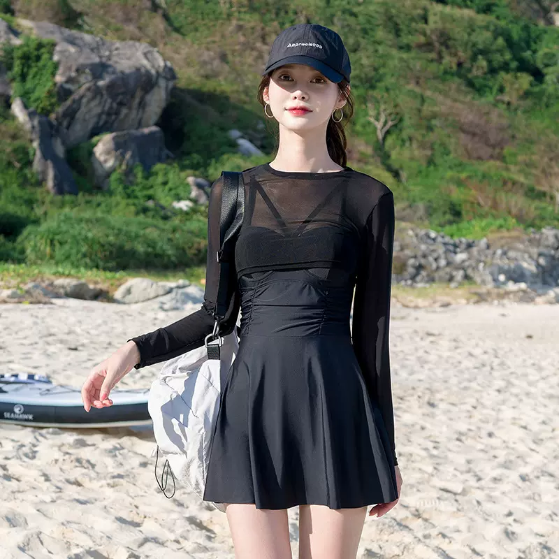 纯色性感两件套连体泳衣女韩版大码遮肉显瘦防晒裙式泳装透视泳衣