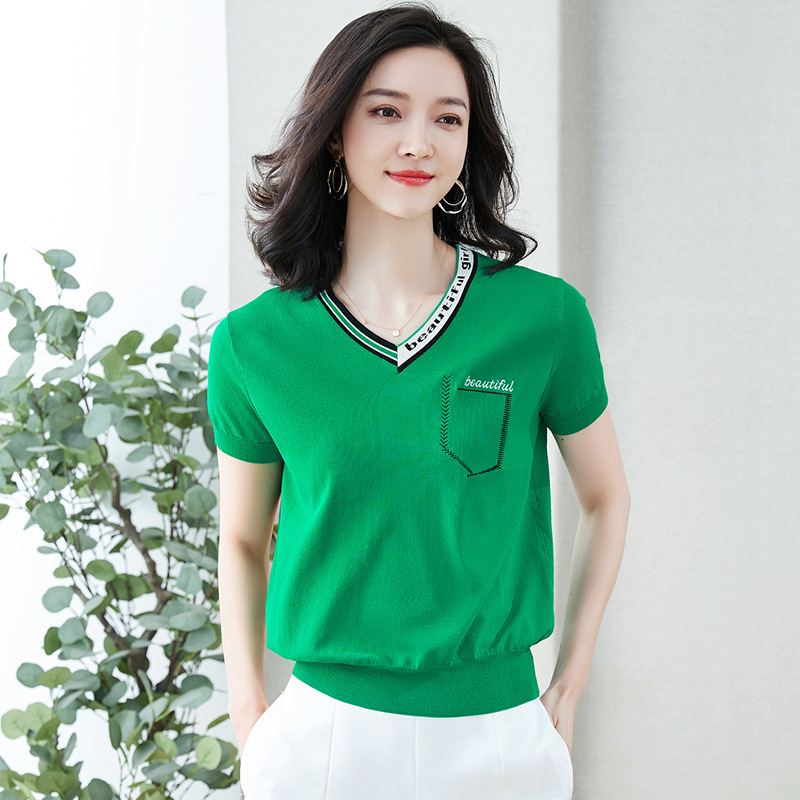 Short-Sleeved T-Shirt for Women 2025 New Summer Women's Thin Ice Silk Knitwear V-Neck Women's T-Shirt Top Trendy