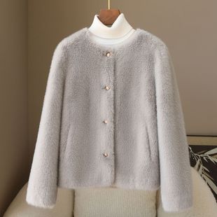 Small Quantity of Clothing 2025 Spring and Autum New Environmentally Friendly Fur Jacket Women's Elegant Round Neck Golden Mink Plush Top