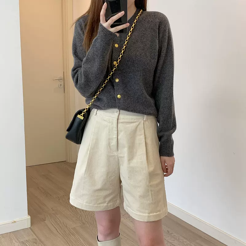 美式高腰复古灯芯绒靴裤女秋冬宽松A字阔腿休闲中裤五分短裤