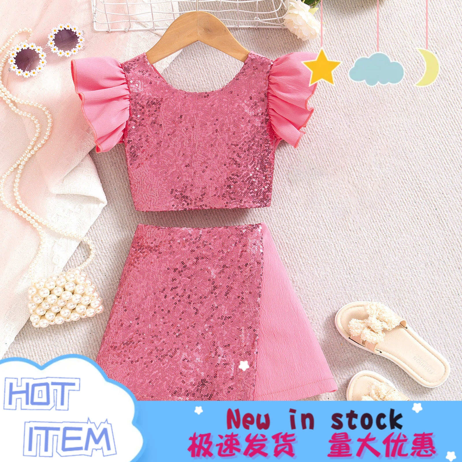 Summer set, nail sequins, T-shirt, trousers, European style, backless, wholesale