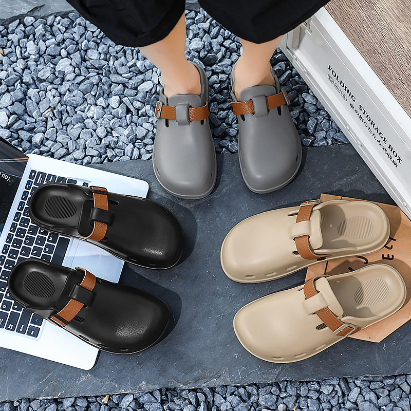 Dép sandal nam nửa gót đế dày chống trượt kiểu lười đi biển — kaki, xám, đen