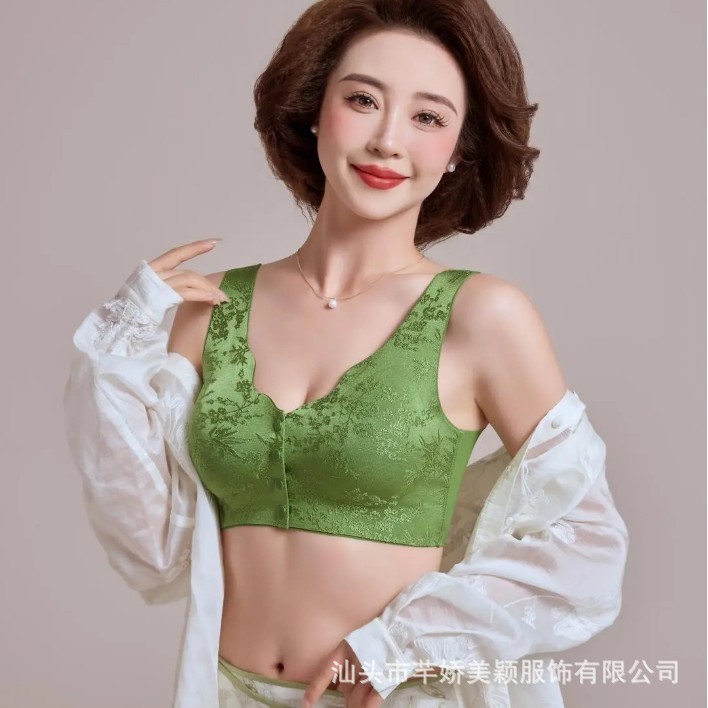 浮雕提花中老年文胸前开扣妈妈款聚拢提拉无钢圈背心式无痕内衣女