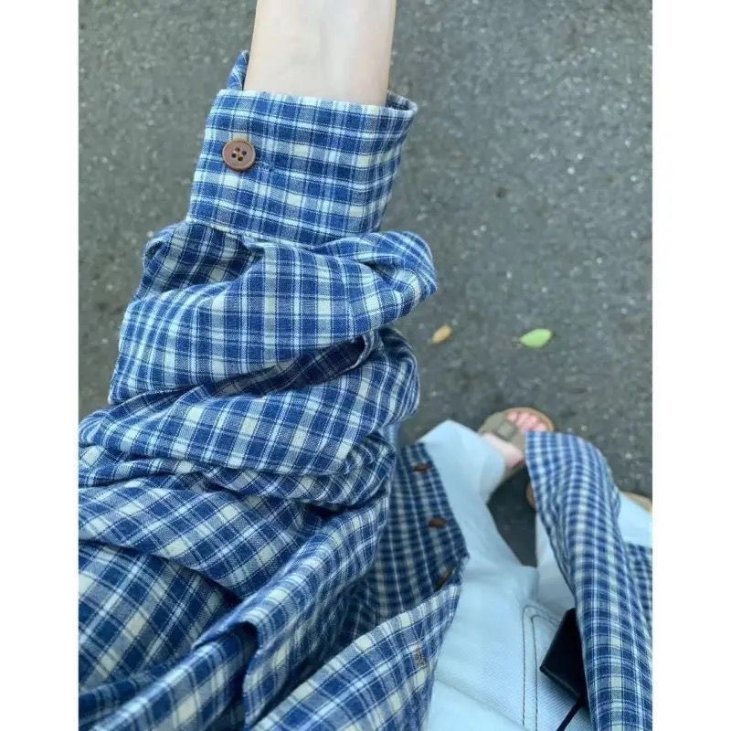 美式复古蓝色格子衬衫外套女2025秋季新款别致宽松休闲防晒衬衣潮|undefined