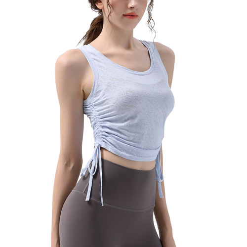 Drawstring Sports Vest Women's Running Jacquard Thin Slim Sleeveless Blouse Pilates Slim Top Yoga Wear Summer