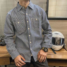 日系复古bf风石磨水洗重磅工装竖条纹牛仔衬衫男长袖品质穿搭衬衣