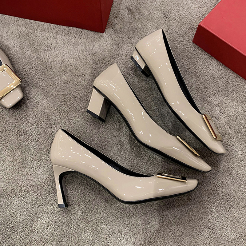 R Square Buckle Women's Shoes with Chunky Heels, Square Toe High Heels, Thin Heels, French Style, Stunning and Sophisticated, Elephant Gray Commuting Flats R Square Buckle Women's Shoes with Chunky Heels, Square Toe High Heels, Thin Heels, French Style, Stunning and Sophisticated, Elephant Gray Commuting Flats