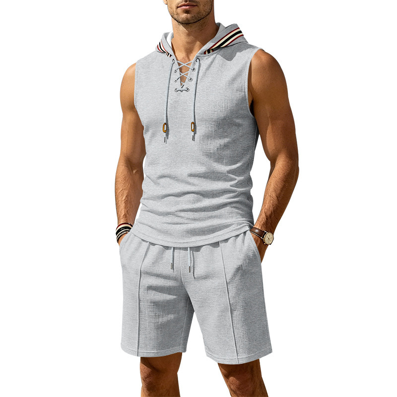 Men's Summer Hooded Vest And Shorts Set, Casual Loose Fit Breathable Athletic Two-Piece Outfit With Color Block Design_viptrois.com