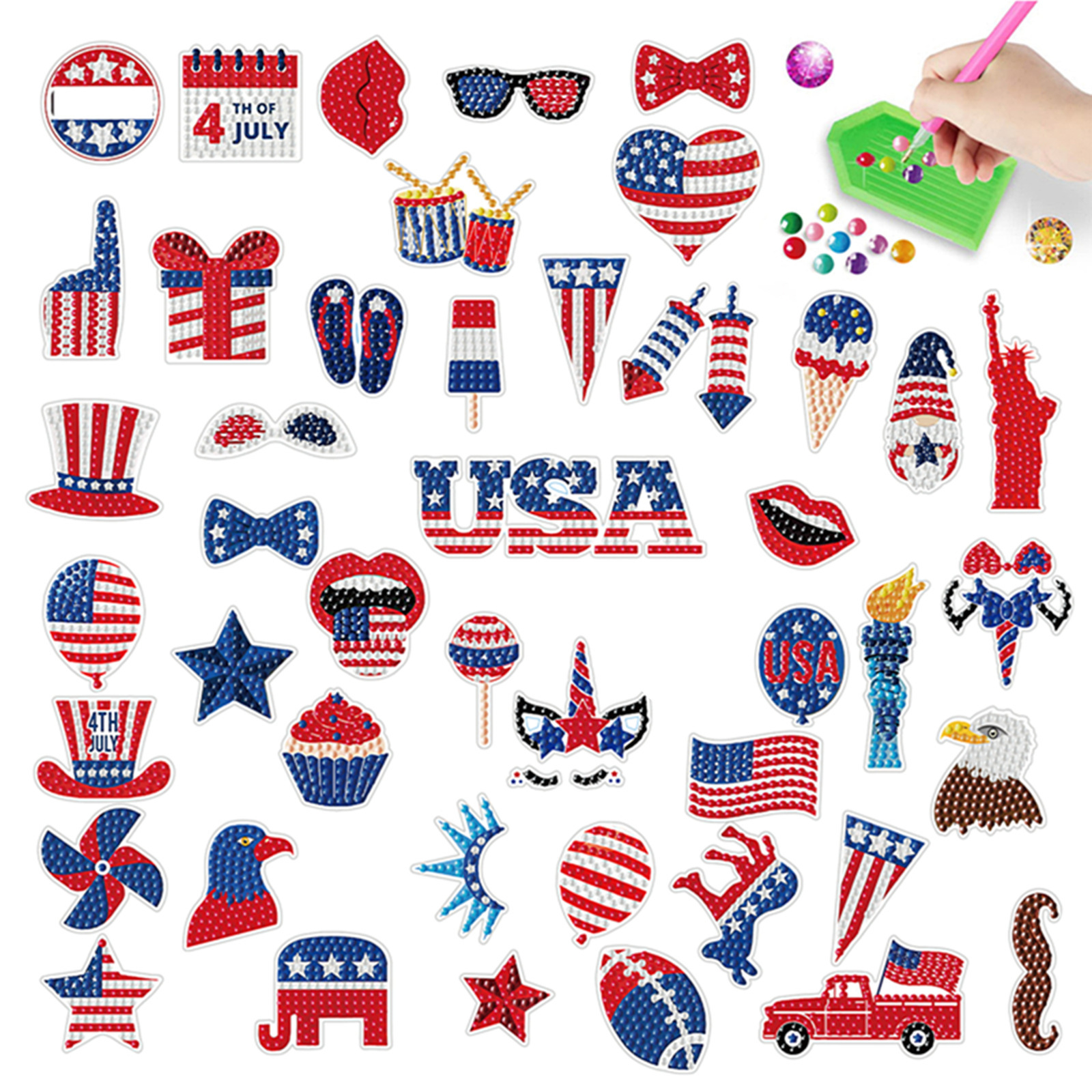Dibujos animados más vendidos Día de la independencia Pintura de diamantes Pegatinas al azar Pintura de mampostería de bricolaje Pegatinas de pared Pegatinas hechas a mano para niños Pegatinas de diamantes redondos