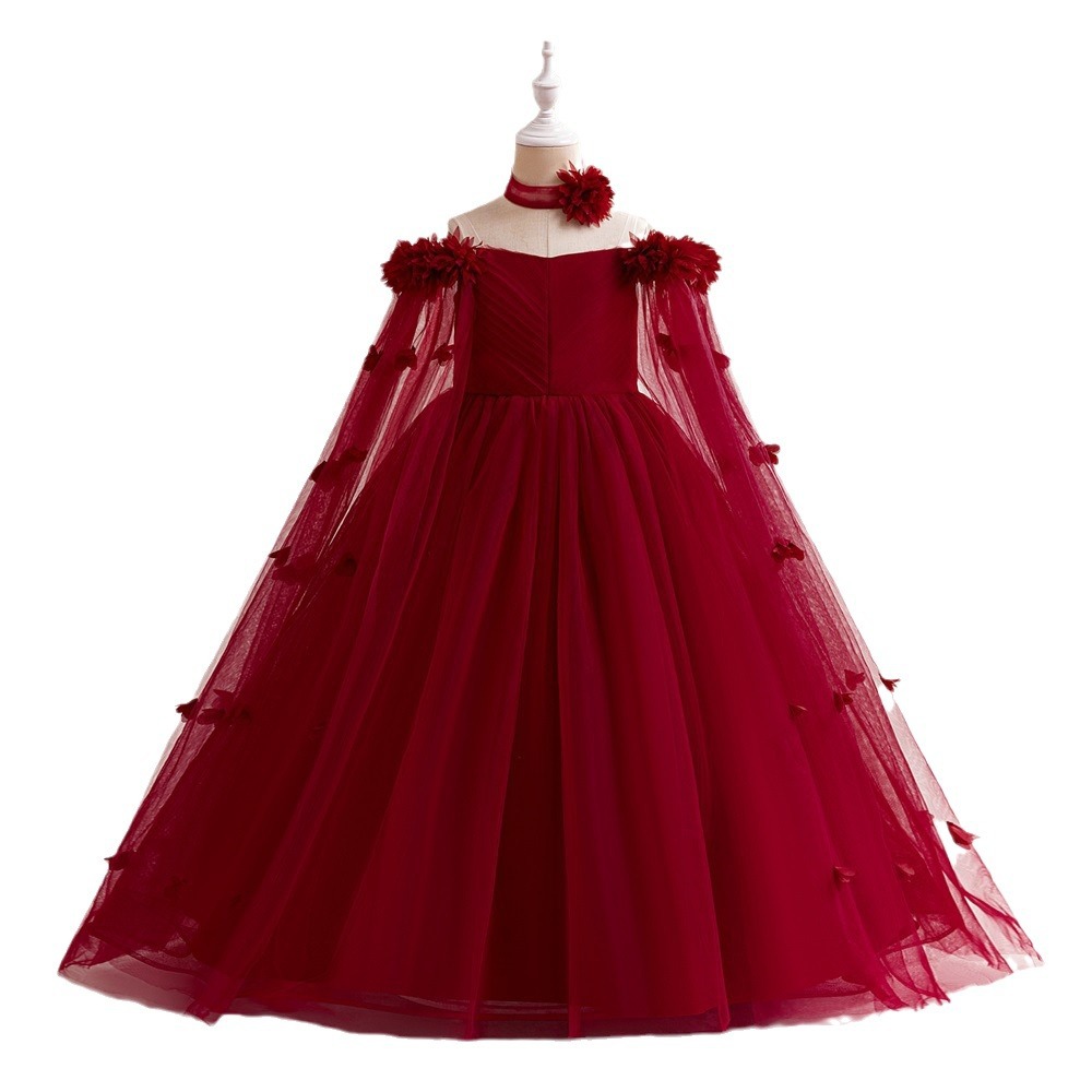 Nuevo vestido de niña europeo y americano, vestido de princesa, falda de tutú de malla de flores, vestido largo para niños de mediana edad y vestido de fiesta, vestido de noche