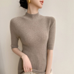 跨境一线成衣安迪绒半袖女2025秋冬半高领修身显瘦百搭针织中袖打