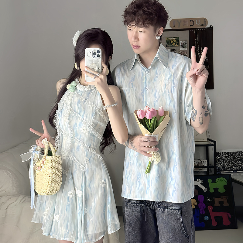Special Couple Outfits for Summer, New Holiday Style, One Top and One Skirt, High-End Halter Neck Shirt Dress for Women Special Couple Outfits for Summer, New Holiday Style, One Top and One Skirt, High-End Halter Neck Shirt Dress for Women