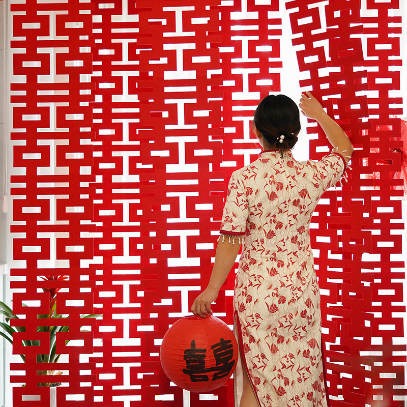 Wedding room decoration long auspicious character hanging ornaments sticker for marriage decoration happy event wedding backdrop wall sticker paper wedding celebration scene decoration