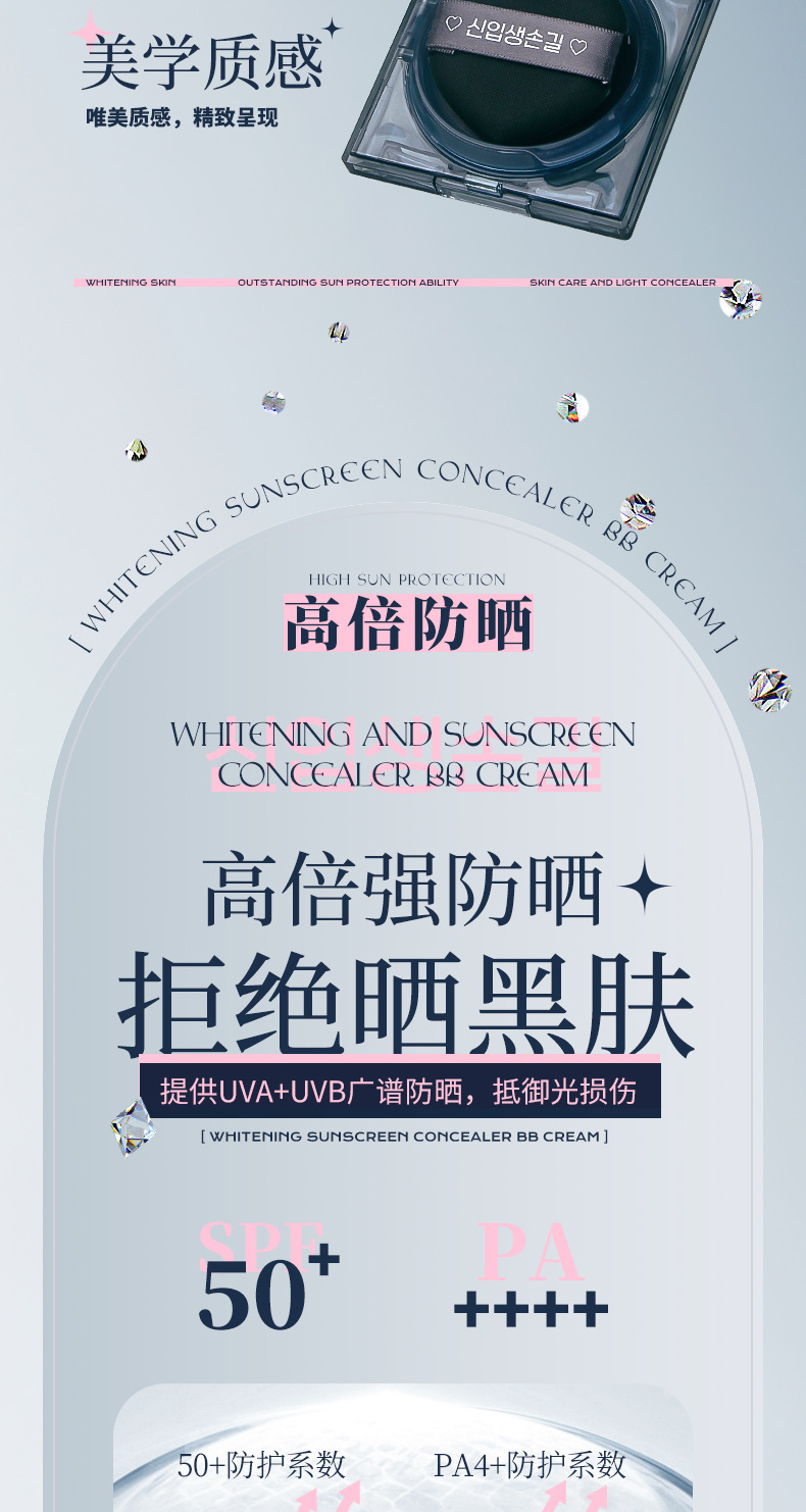 New Skin Magnolia Whitening Sunscreen BB Cream Cushion Cream Concealer Face Waterproof Long-lasting Makeup Not Easy to Smudge 50x Sunscreen Application Scenario