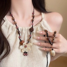 新中式白玉菩提花朵项链女国风复古木质森系锁骨链抽拉绳颈链配饰