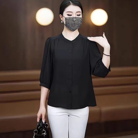 High-end Chiffon Shirt Mother Loose Summer New Arrival Small Shirt Seven-point Sleeve Solid Color Mid-sleeve Thin Shirt Top for Women