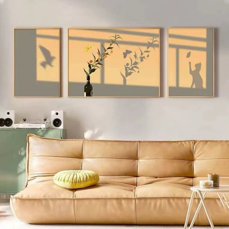 Новая комбинация подвесной картины, диван, фон, стена, триптих, фреска, подсолнух, простая проекция света и тени, картина для гостиной, декоративная живопись
