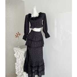 烟熏桃桃Embertia法式复古度假重工手绣蕾丝拼接短上衣半身裙套装