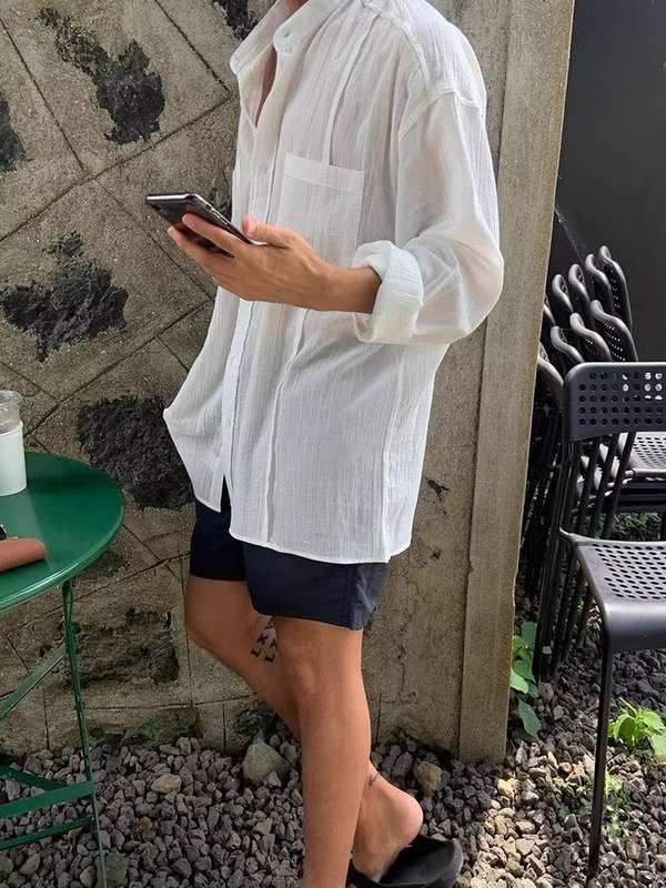 立领棉麻衬衫男慵懒松弛感宽松长袖防晒开衫亚麻肌理感工装衬衣潮|undefined