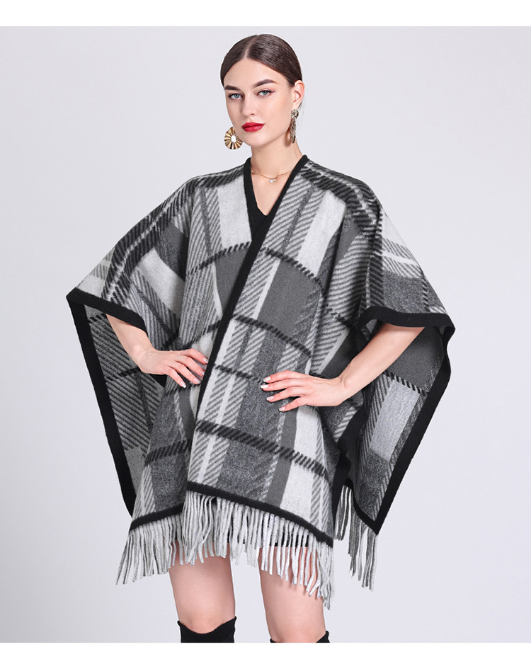 Schalumhang Damen karierte Strickjacke mit Fransen karierter Umhang Schal Wollmantel_voghion.com