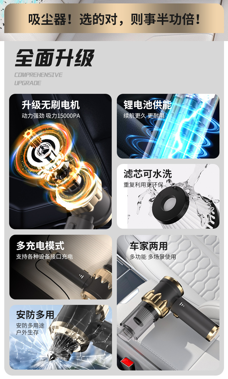 Car Vacuum Cleaner Suction and Blowing Integrated Multi-Function Window Breaker with Seat Belt Cutter Large Suction Brushless Vacuum Cleaner