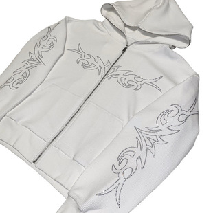 Halloween European and American style 2022 autumn and winter New hoodie round neck loose letters rhinestone zipper sweater waffle