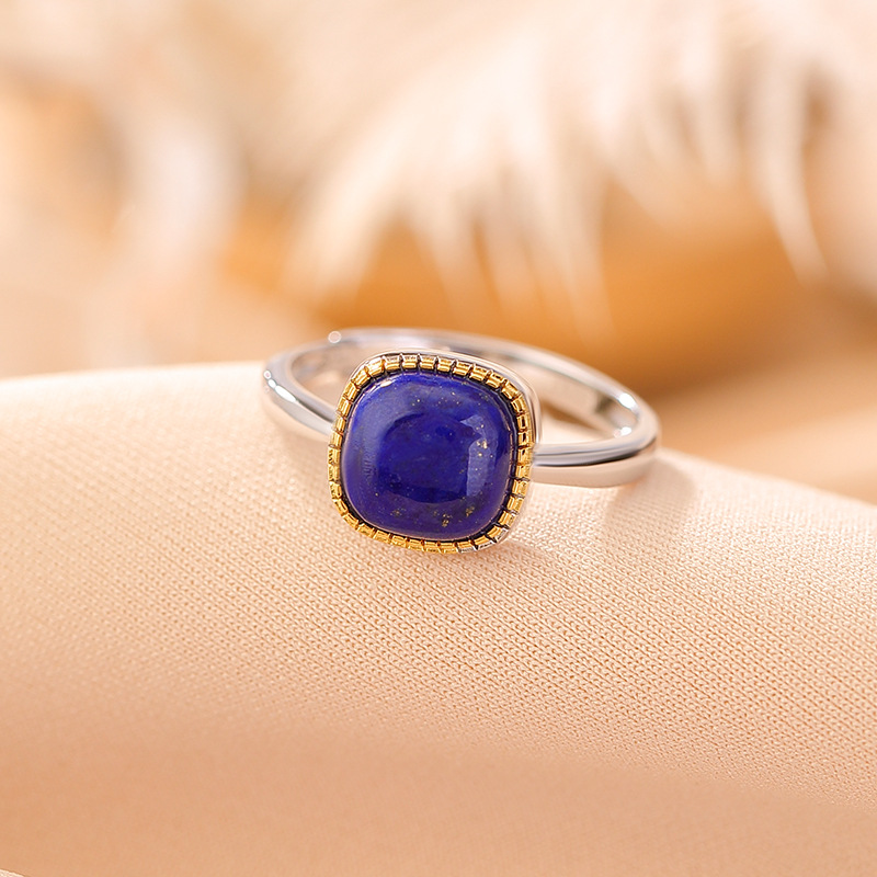Nhẫn bạc S925 mạ vàng đá lapis xanh vuông phong cách sang trọng — Mở một size