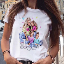 夏季新款家庭亲子装母女母子妈妈孩子卡通印花女圆领宽松T恤短袖