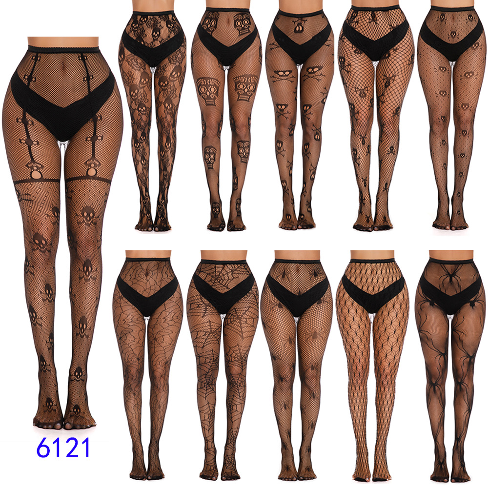 Sexy Fishnet Stockings, Lace Suspenders, One-Piece Stockings, Lingerie, Black Silk Seductive Stockings, Jacquard Ghost Head Pantyhose, Nude Feel