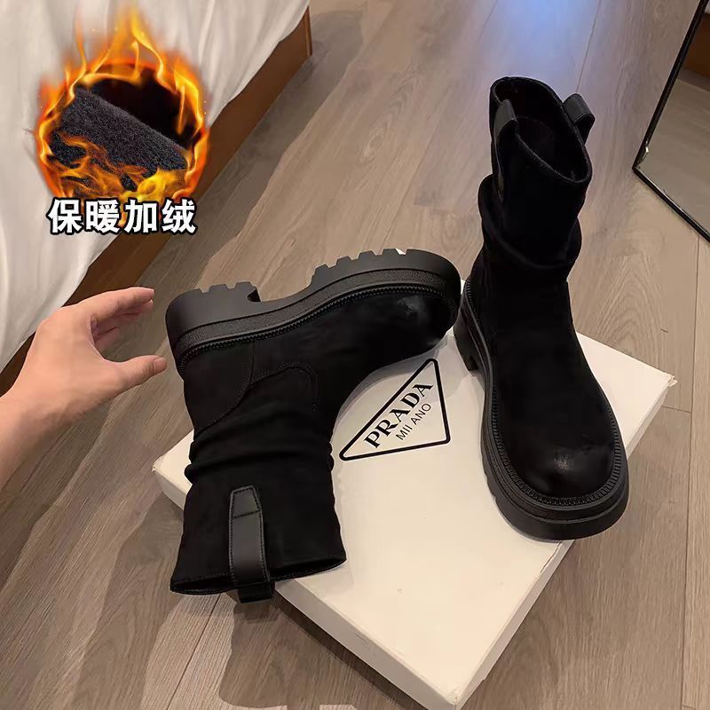 厚底褶皱堆堆靴女2025新款早秋季靴子马丁靴棕色炸街小短靴瘦瘦靴|undefined