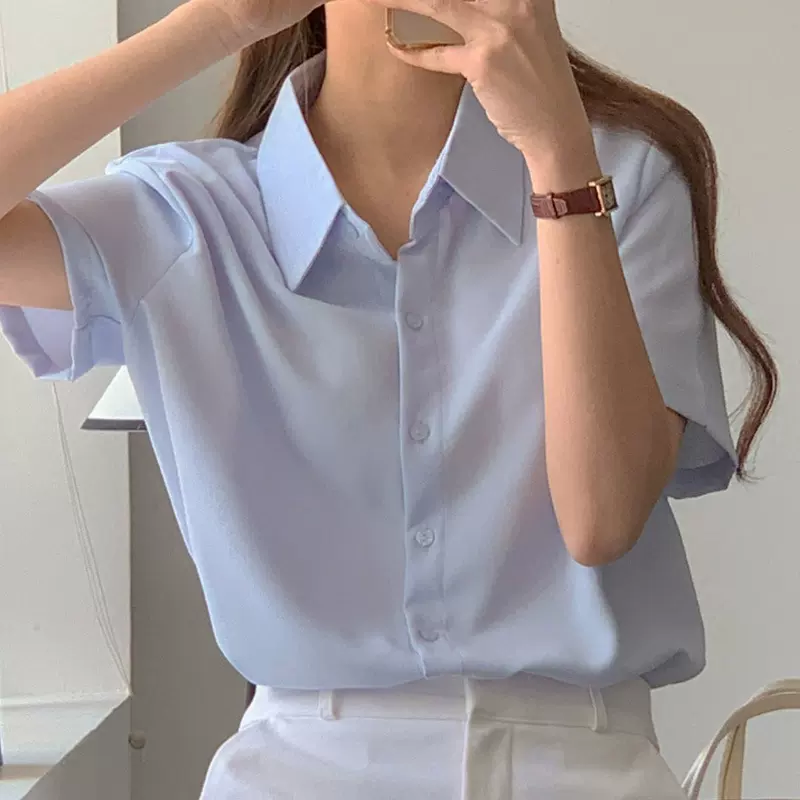 法式宽松雪纺衬衫女短袖夏季新款设计显瘦韩版气质简约百搭上衣
