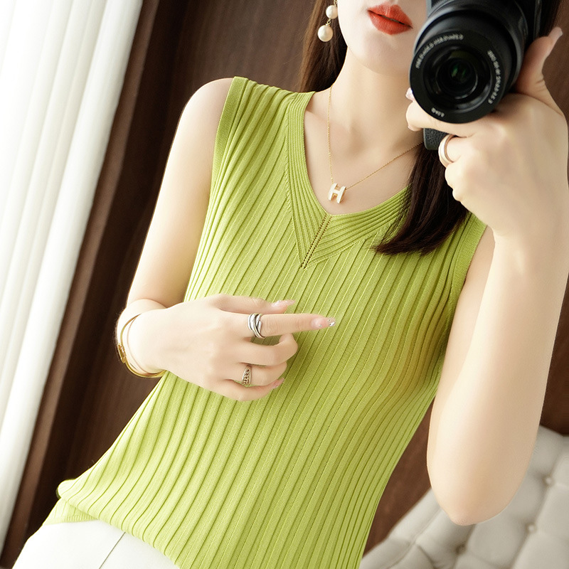 Cross-Border Ice Silk 2023 Summer Women's V-Neck Camisole Slim-Fit Striped Slimming Top Solid Color Versatile Sexy Hot Girl Style