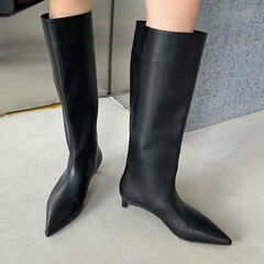 秋冬新作、尖ったつま先のワイドカットロングブーツ、膝丈以下のハイブーツ、キャットヒール、騎士風ブーツ、ファッションブーツ、無地レディースブーツ