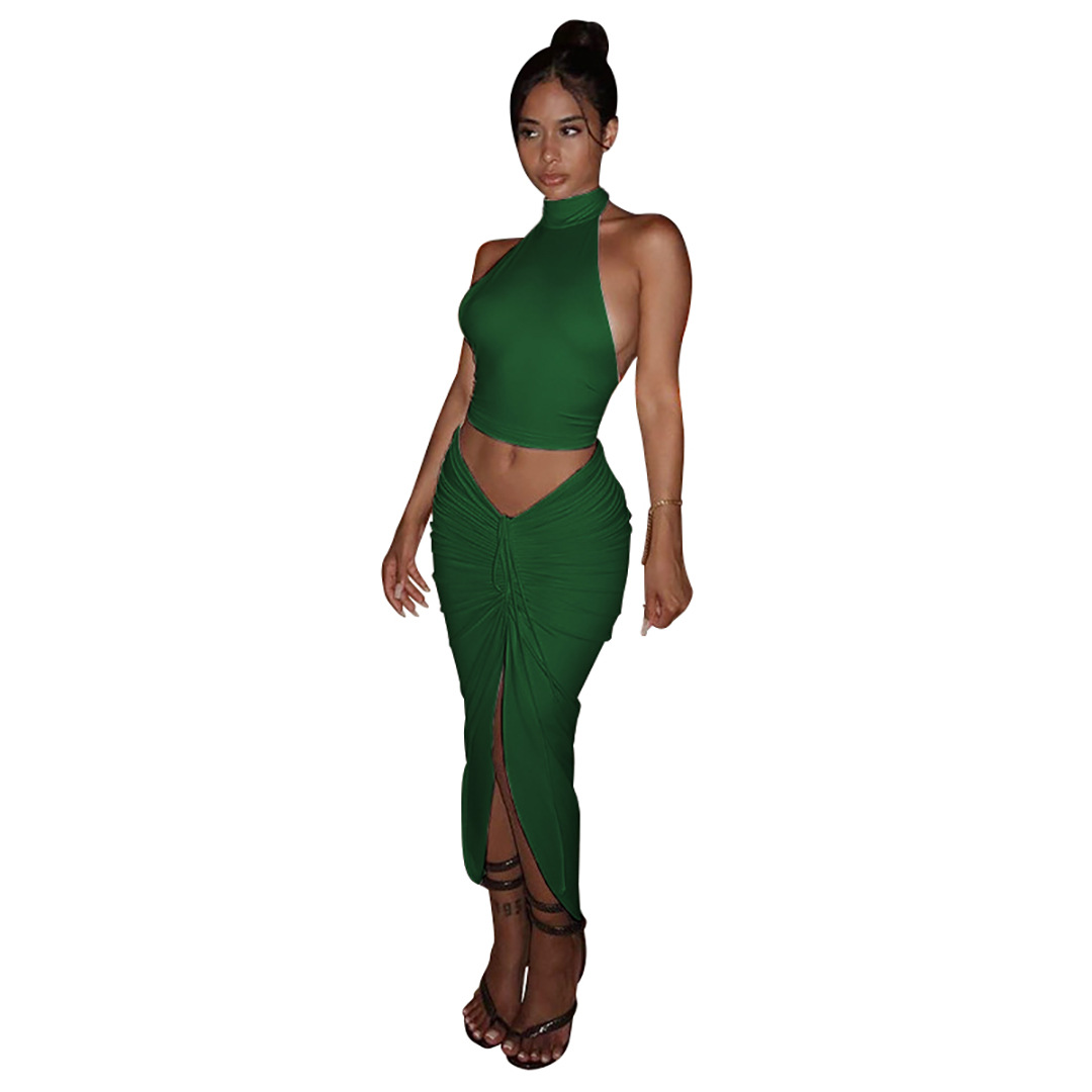 Summer Women Clothing Solid Color round Neck Cropped Backless Top Drawstring Mid Length Dress Set