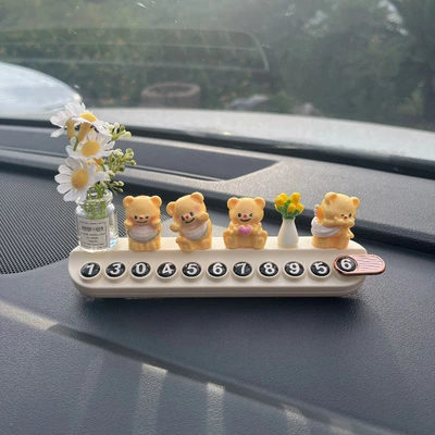 Cute Bear Car Temporary Parking Number Plate, Mobile Phone Number Plate, Creative and Personalized Car Interior Decoration (Nömrəli dayanma kartı) - 4-little-yellow-bears-little-white-daisies-sunflowers-off-white-aromatherapy-license-plate