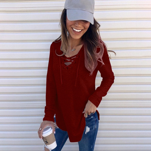 Autumn/Winter Western Pure Color V-Neck Strap Loose T-Shirt Fashion