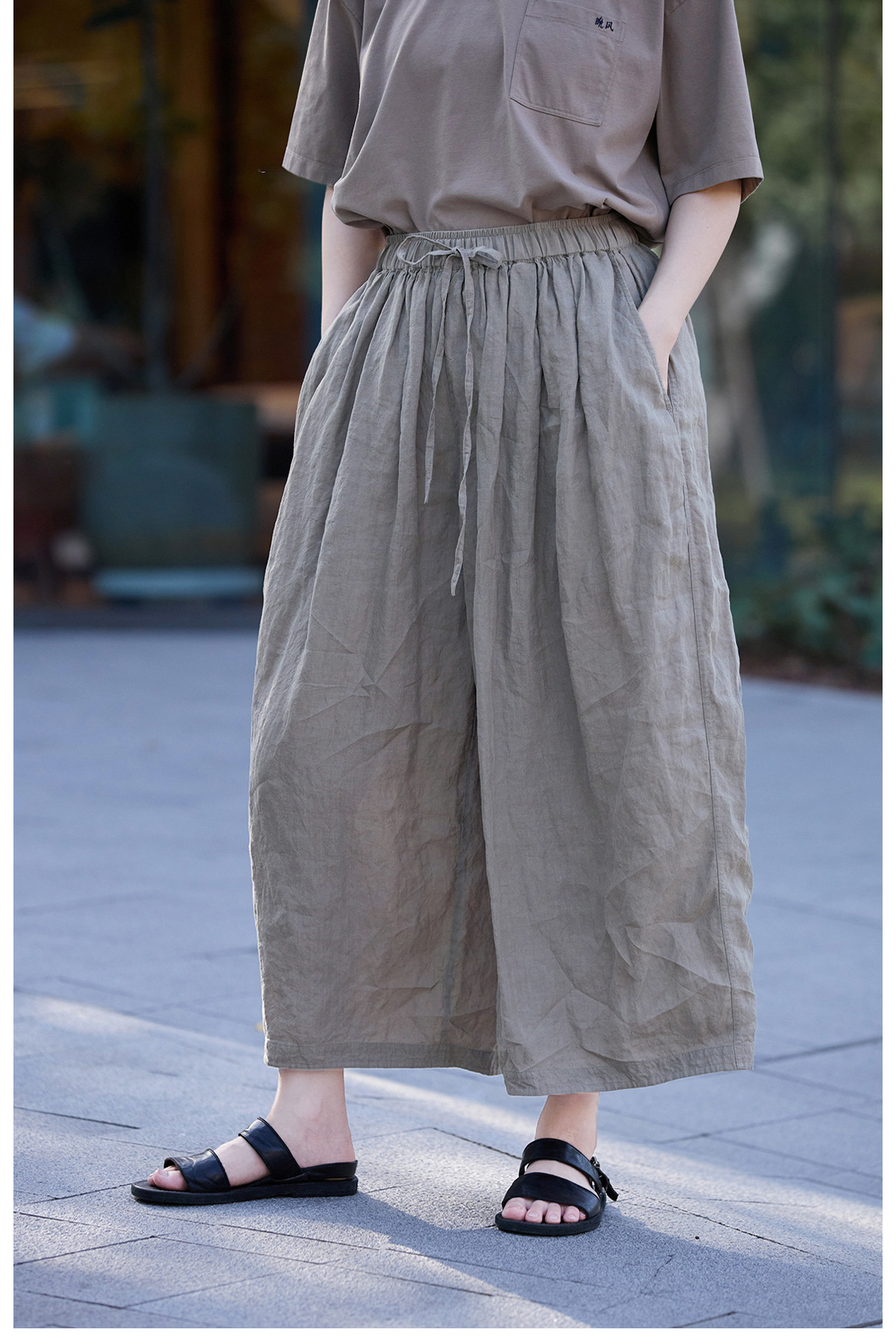 豆グリーン 江南リネン ふんわり軽やか 肌触り柔らかなバルーンパンツ