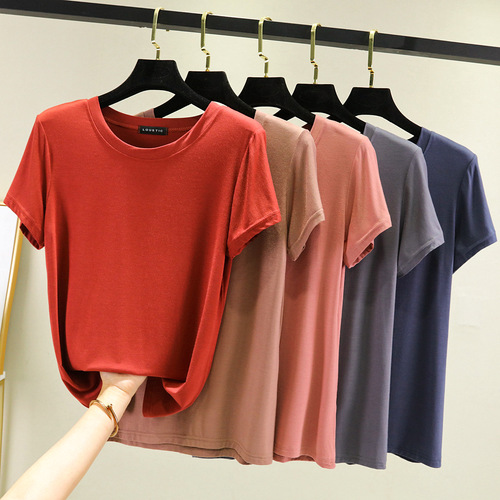 Summer Modal Crew Neck Short Sleeve Basic Women's Top Korean Style Plain Color Simple Large Size Loose Base Shirt