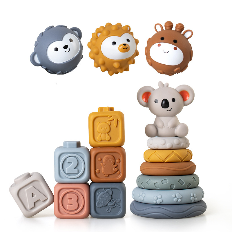 Juguetes transfronterizos de agarre de mano para bebés y niños pequeños, bloques de bloques de goma suave, círculos apilados, pellizcos para bebés, juguetes apilados de bolas image 21