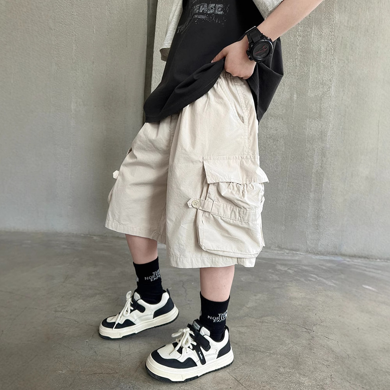 Boys' Trendy Workwear Pants 2026 New Summer Casual Sports Shorts for Older Children, Five-Point Pants, 98% Cotton, Breathable