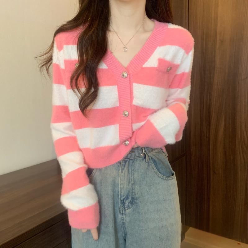 Knitted sweater woman秋冬新款撞色条纹针织开衫上衣女韩版慵懒V