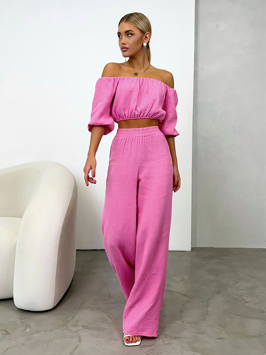 Broekset 2024 zomer één lijn hals uit taille korte bubbelmouwen top + casual rechte buisvloertorens_voghion.com