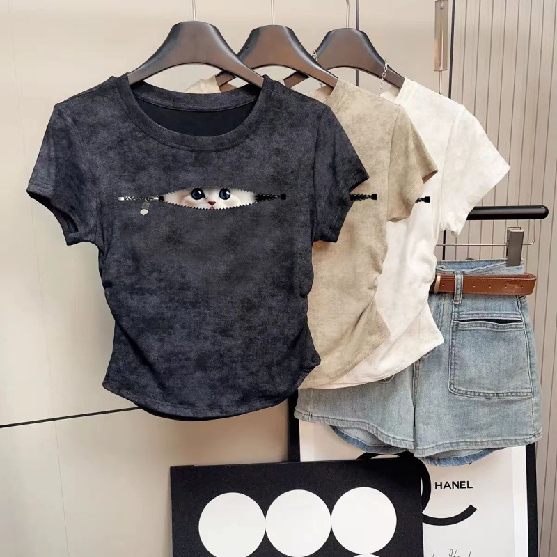 アメリカンピュアコットンホットガール半袖Tシャツレディースウエストショートタイダイデザイン2025夏多用途学生トップ|undefined