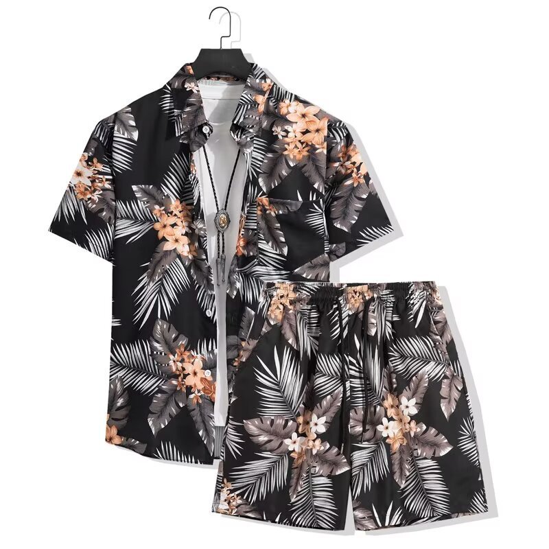 Hawaiian 3D Printed Shirt Beach Suit Men's Summer Seaside Resort Style Two-Piece Set Factory Ready Stock