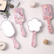 卡通手柄化妆镜火烈鸟独角兽方形椭圆五角星梳妆镜单面便携手柄镜