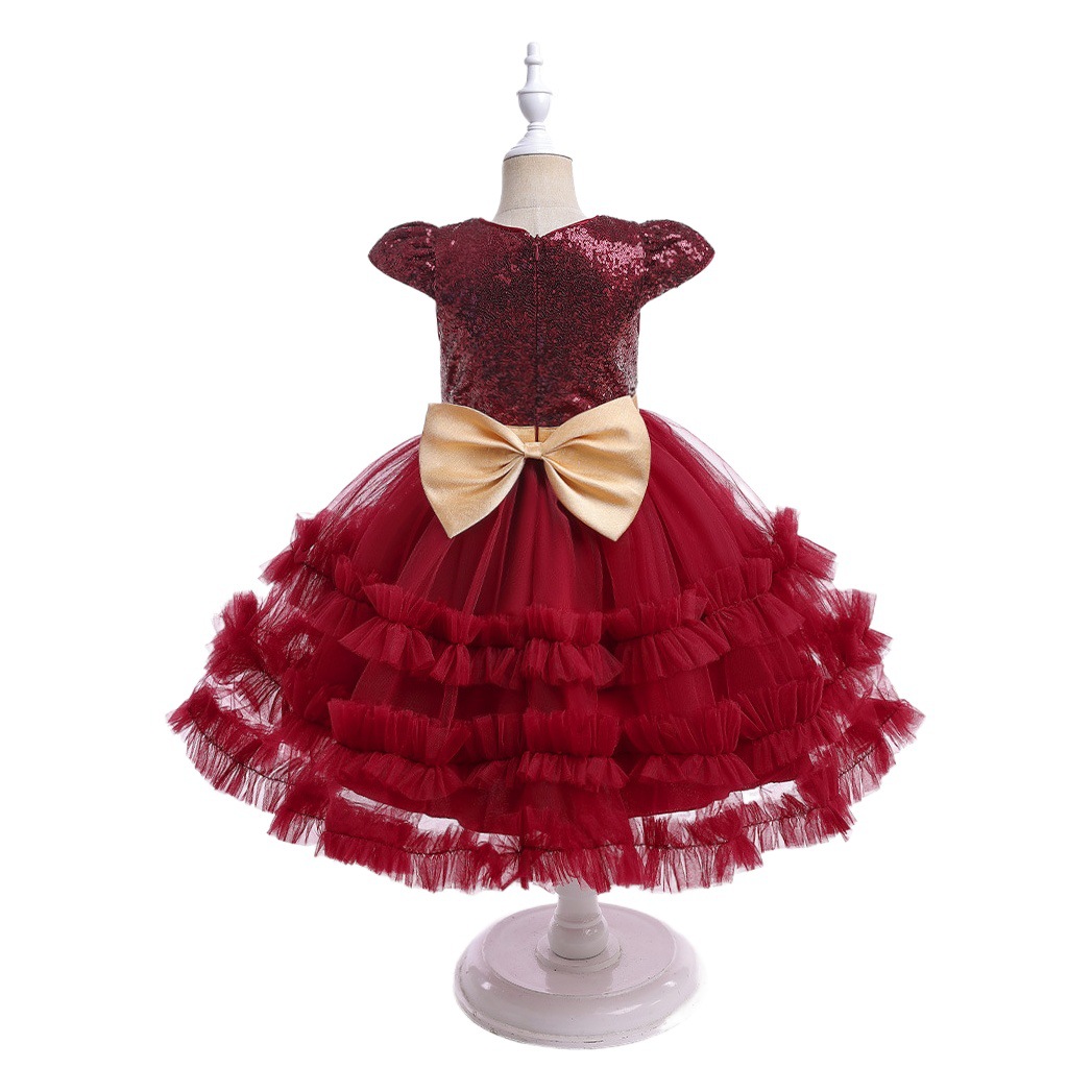 Europa y América nuevo vestido de los niños pequeños y medianos princesa vestido oído de madera con lentejuelas malla plisada pettiskirt pasarela show host