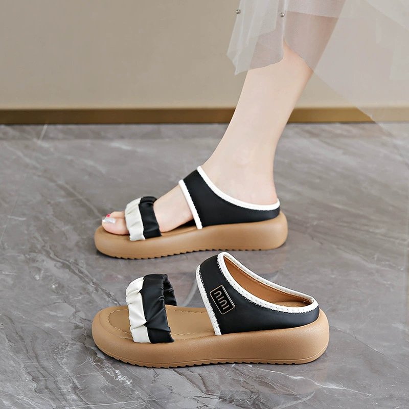 Универсальные плиссированные кружевные сандалии для женщин, женские тапочки без шнуровки с круглым носком на толстой подошве, однотонные сандалии большого размера для внешней торговли оптом