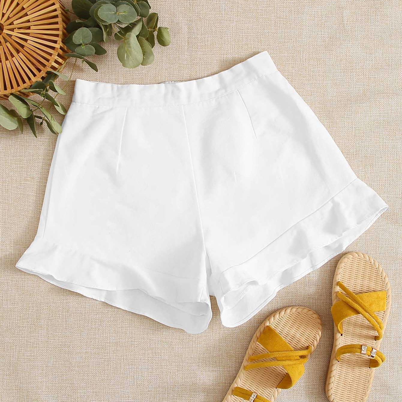 Ruffle high waist straight Solid Color Shorts NSLIH132341