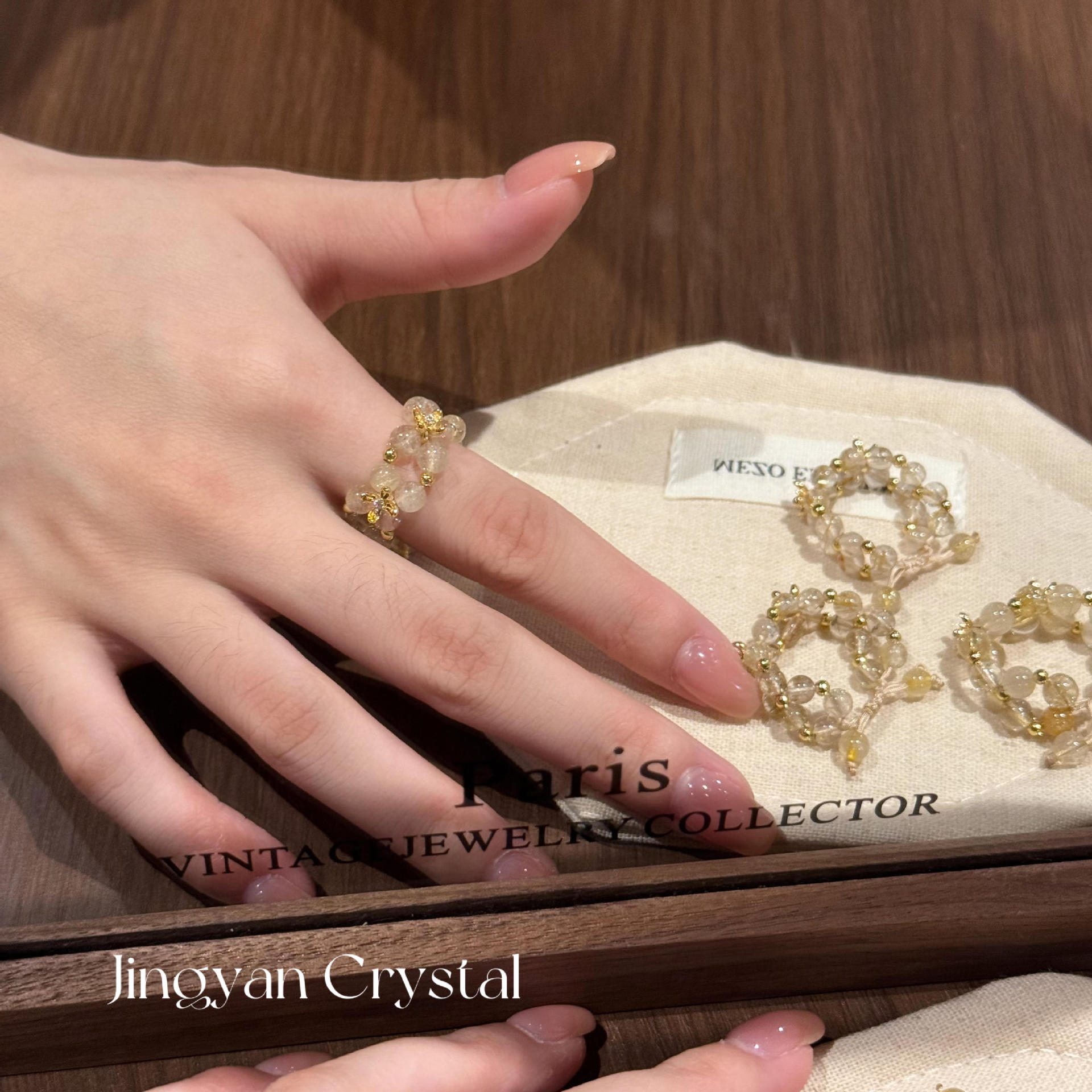 Original design golden rutilated quartz braided pull-string natural fashion versatile beaded wholesale handmade factory direct sale ring