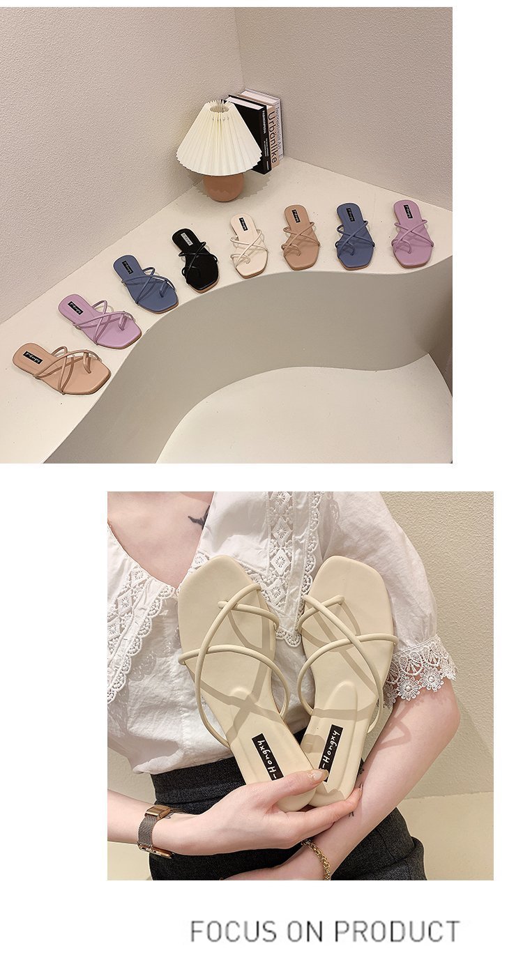Hausschuhe im Feenstil, neue Oberbekleidung für Damen im Sommer 2024, koreanische Version, schlichter und schmaler Riemen mit quadratischer Zehenpartie und flachem Boden_voghion.com
